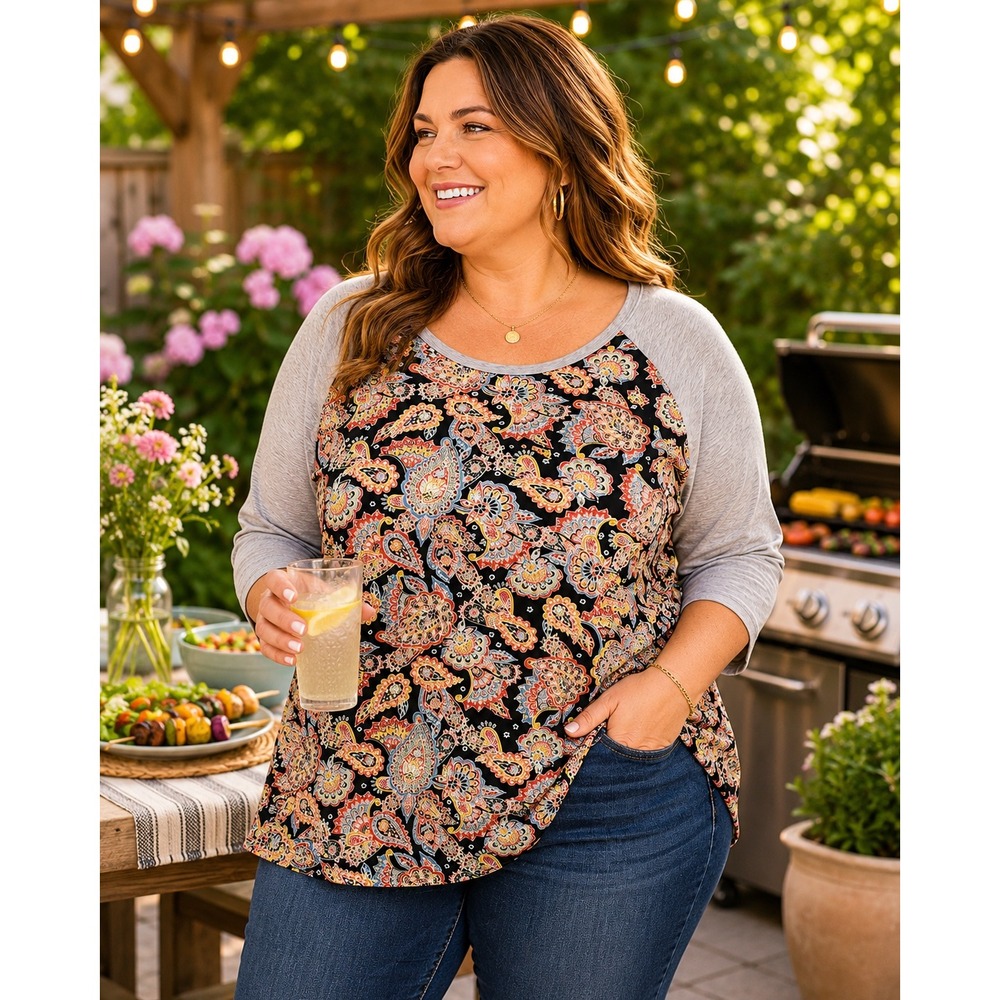 LuLaRoe Randy Baseball‎ Tee 2XL Paisley Print Heather Gray Raglan Sleeve Top